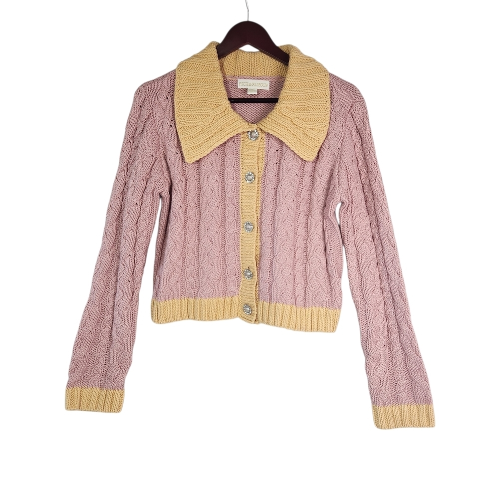Rich & Famous NWT Sicily Crop Cardigan Sweater Grannycore Knit Collar Bling Boxy - Picture 11 of 16